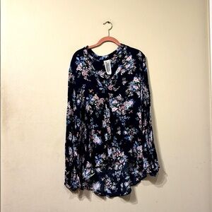 Free People Button Up V Neck Floral Print Blouse sz M Hi Low Hem Long Sleeve